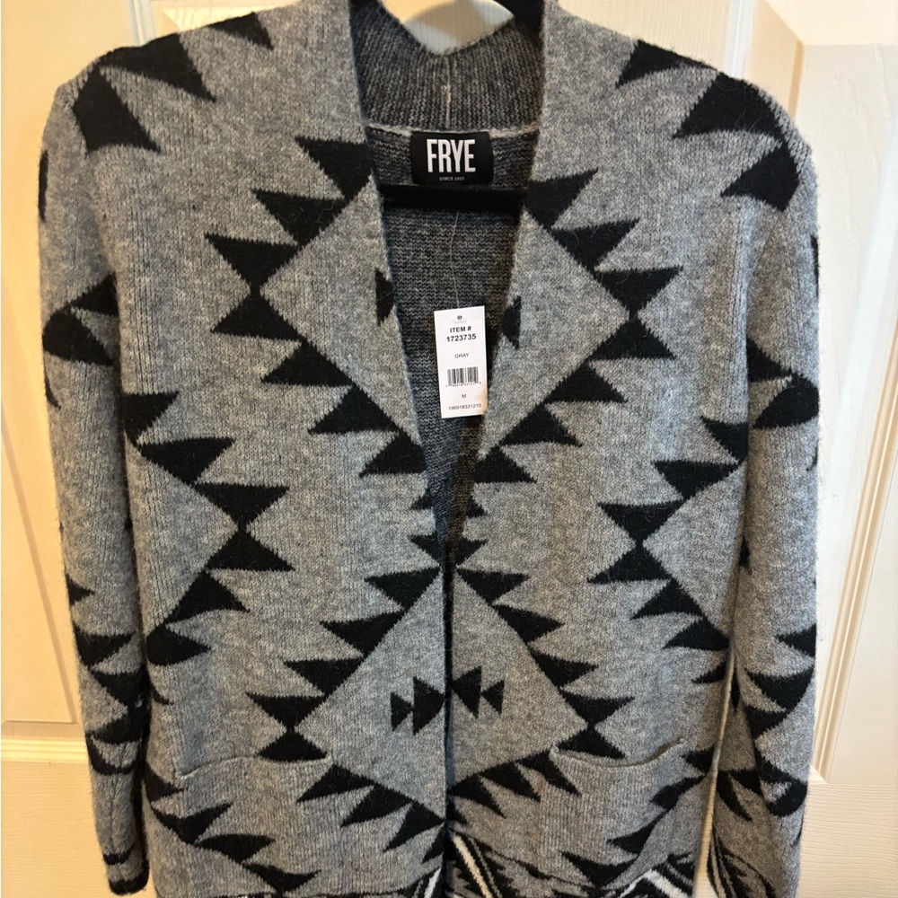 Frye Gray and Black Geometric Cardigan Sweater